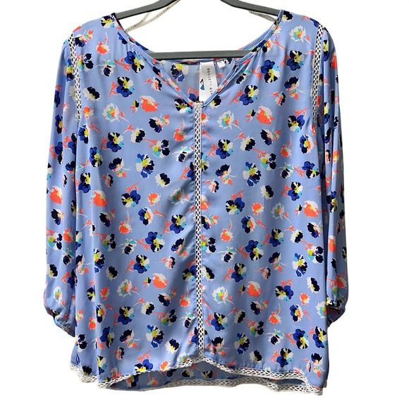 Society Girl Tops - Society Girl Blue Floral Crochet Trim Blouse XL 3/4 Sleeve